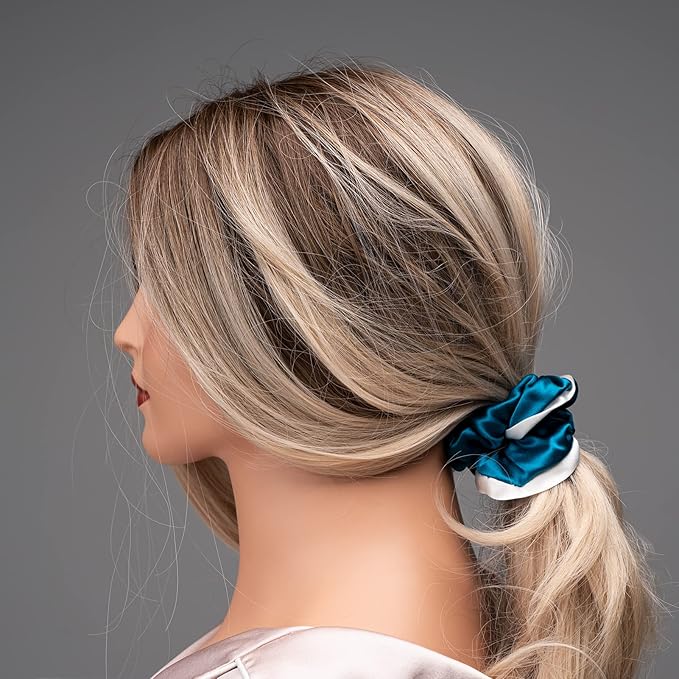 Silmer Silk Scrunchies for Hair Bicolor Hair Tie 100% Mulberry 3 Pack(Pink, Peacock Blue, Apricot)