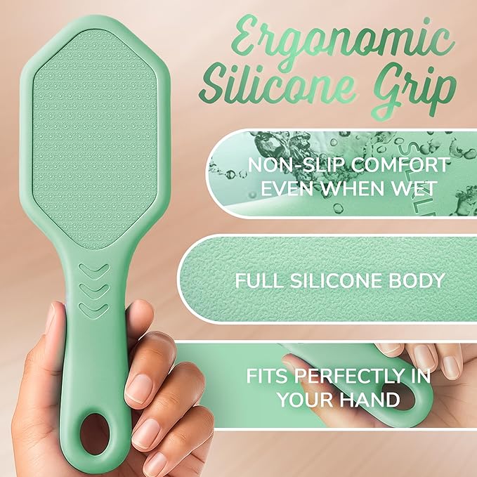 Nano Glass Foot File - Silicone Foot Callus Remover for Feet and Cracked Heels - Heel Scraper for Dead Skin - Ergonomic Foot Scrubber & Exfoliator for Shower with Non-Slip Grip - Green