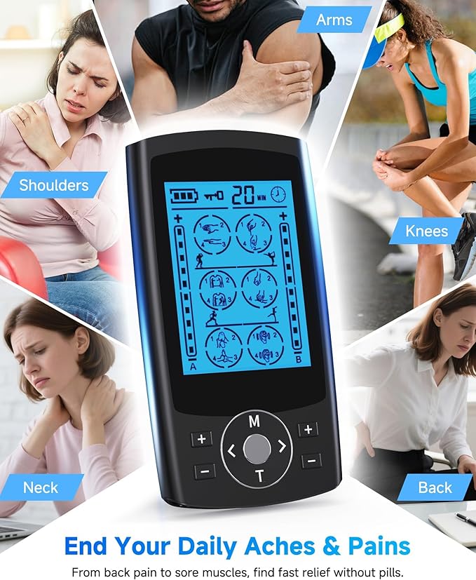 TENS Unit Muscle Stimulator, 24 Modes Dual Channel TENS EMS Machine for Muscle Tension and Back Relief, Rechargeable Pulse Massager with Timer, 6 Upgraded Pads for Neck Shoulder Leg and Knee