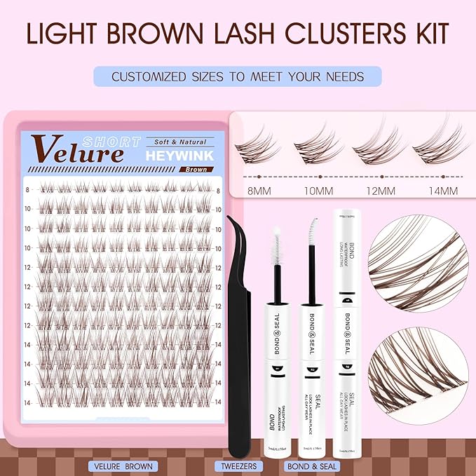 Brown Lash Clusters Kit Velure Lash Extensions Kit Natural Eyelash Clusters Short Lash Cluster 8-14mm Lash Clusters Natural with Invisible Band Individual Lash(Velure-Light Brown)