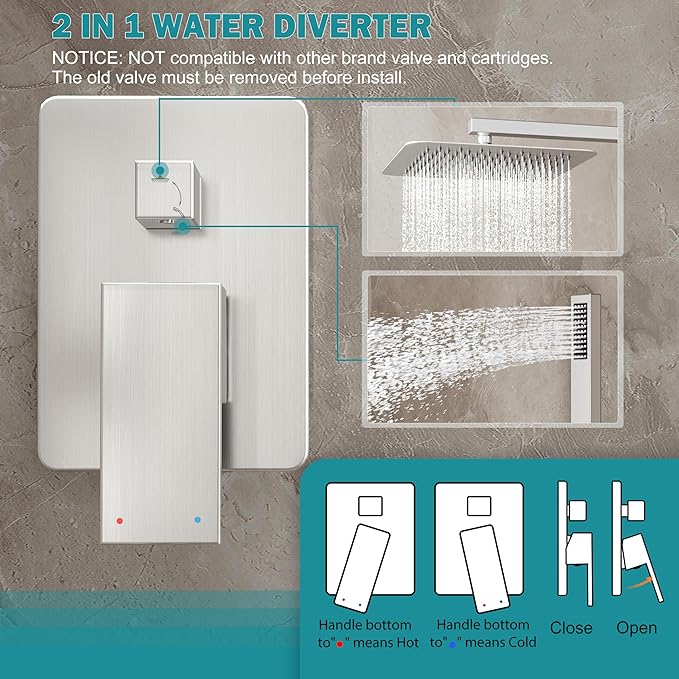 HoliSpa Shower System, Brushed Nickel Shower Faucet Set with 12-Inch Rain Showerhead and Handheld Spray, Wall Mounted High-Pressure Showerhead Combo Set Included Valve and Trim, Brushed Nickel