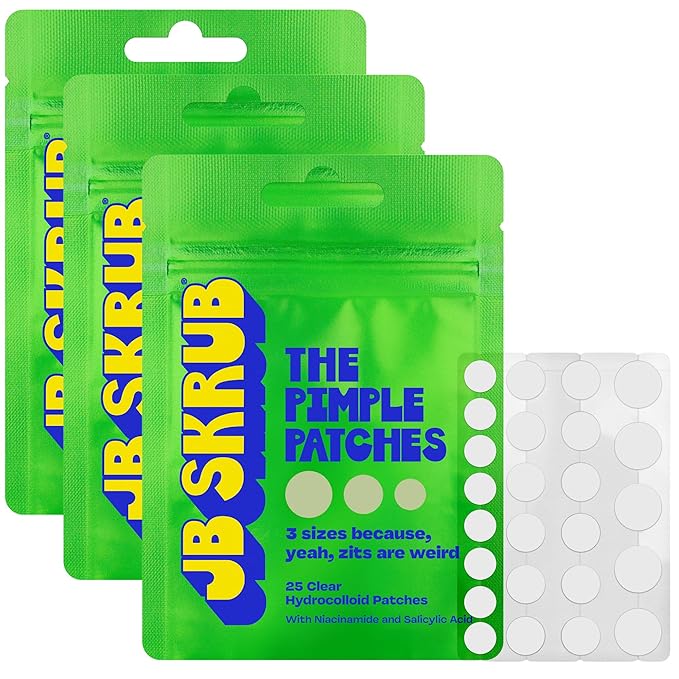 JB SKRUB The Pimple Patches for Face, Ultra Discreet Clear Hydrocolloid Patches with Salicylic Acid & Niacinamide, Skin Care for Kids & Teens - 3 Packs of 25 Small, Medium & Large Spots