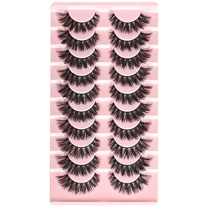 FARRED False Lashes Wispy Natural Strip Eyelashes 14mm Cat Eye Mink Lash Strips Full Volume Fake Cateye Eyelash Pack Natural Look 10 Pairs Short Thick Fluffy Pestañas Postizas for Women