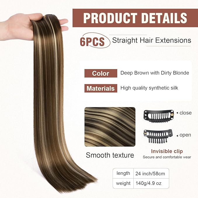 FLUFYMOOZ 6PC Clip in Hair Extensions 24" Straight Long Extensions for Women Synthetic Hairpiece (Deep Brown with Dirty Blonde)