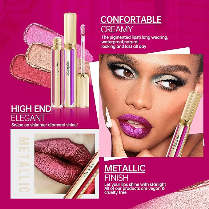 Hot Pink Lipsticks for Women Metallic Lipstick Long Lasting Non Stick Cup Lip Gloss, Shimmer Lightweight Hydrating Full Coverage Lip Color,DP112 Show Girl