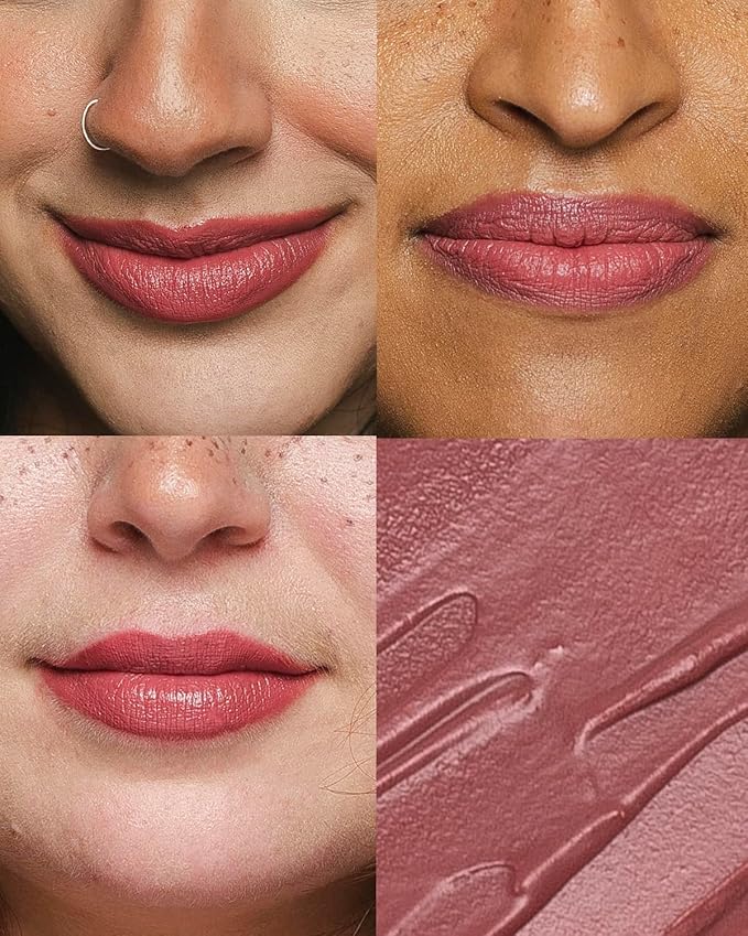 Cheekbone Sustain Lipstick, Peachy Neutral Rose Shade, Creamy Satin Lip Color with Buildable Pigment, Long-Wear, Moisturizing Formula with Organic Castor Oil, Eco-Conscious, Vegan, 0.14 oz.