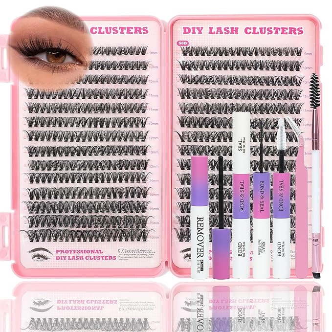 Lash Clusters Kit, 560 Pcs Eyelashes Clusters Kit 9-16mm Individual Lash Extension Kit D Curl Fluffy Wispy False Eyelashes (40D+50D, Lash Clusters Kit)