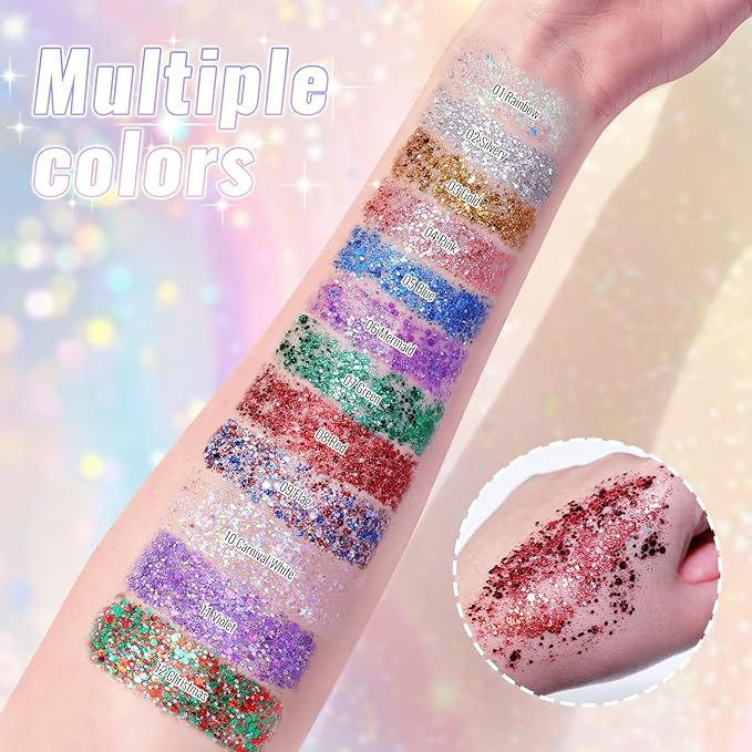 Red Face Body Hair Glitter Stick for Christmas, Shimmer Stick Gel for Women, Sparkling Holographic Chunky Sequins for Carnival Party Festival Halloween Singer Concert Outfit, 0.56oz