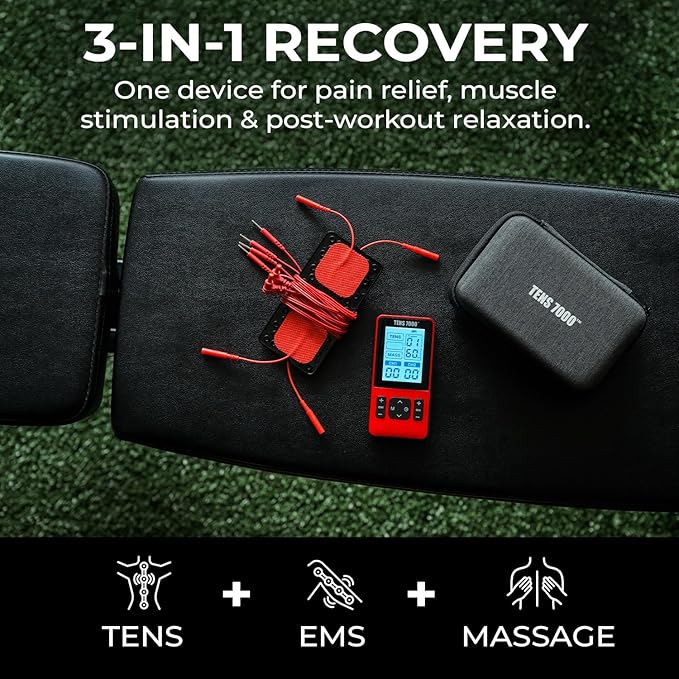 TENS 7000 Sport Athletic Recovery Muscle Stimulator, Back Pain Relief, Sciatica, Neck, Shoulder, Muscle Pain, TENS Unit + EMS + Massage with 42 Built-in Programs, 4 Electrode Pads