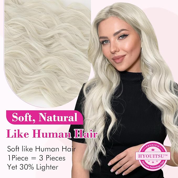 REECHO Blonde Hair Extensions, 20” One Piece Clip in Hair Extensions Thick Long Beach Wavy Natural Soft Synthetic Hairpieces for Women, Platinum Blonde