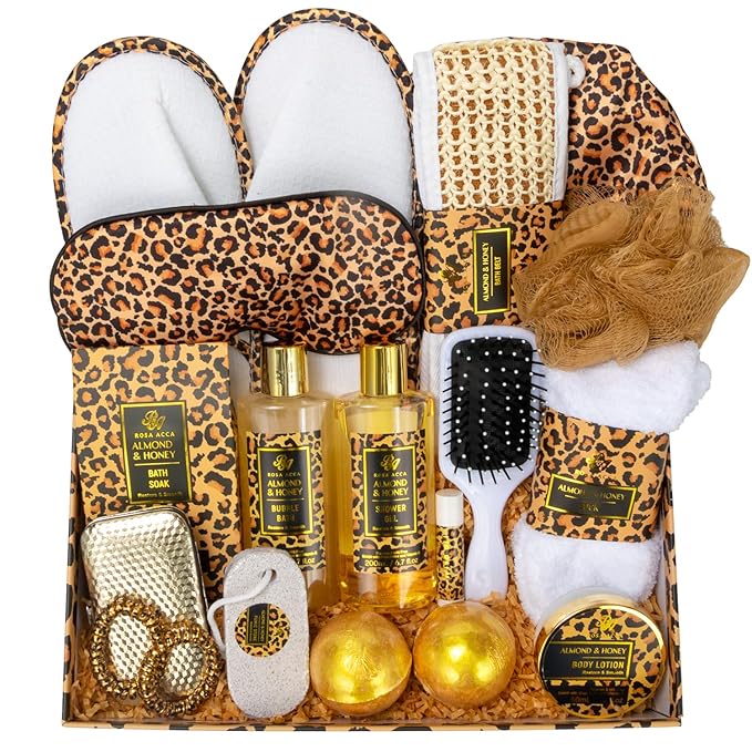 Valentines Day Gifts for Women, 20 Pcs XXL Leopard Bath and Body Gift, Skin Care Set, Self Care Gifts Set, Mother's Day, Birthday, Home Spa Kit, Holiday, Christmas, Shower Cap, Manicure Set