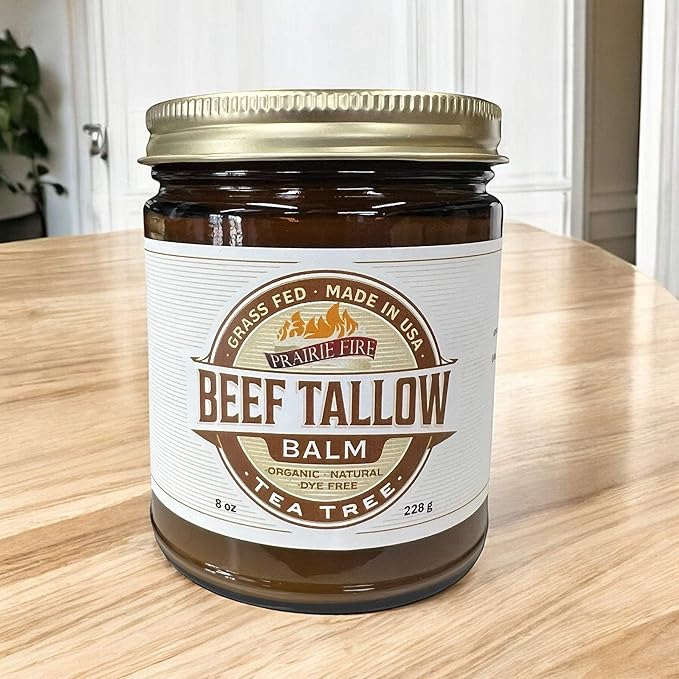 Prairie Fire Candles Grass Fed Beef Tallow Balm - 8 oz - Made in USA - Organic Grass Fed and Finished - Moisturizing Skin Care Tea Tree