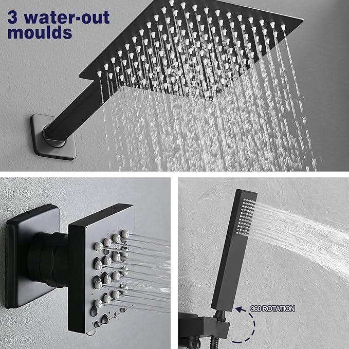 annazom Matte Black Shower Faucet Set with Body Jets 10 Inch Matte Black Shower Head Handheld Shower Combo Set High Pressure Wall Mount with Rough-in Valve