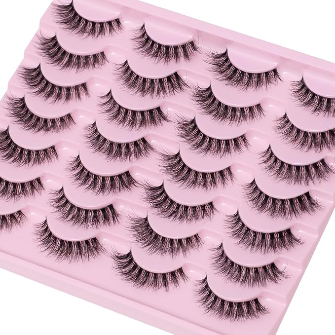 Short Wispy False Eyelashes 14 Pairs, Clear Band Natural Look Fluffy Cat Eye Lashes, Faux Mink & Easy to Apply for Beginners, Daily Makeup & Professional MUA