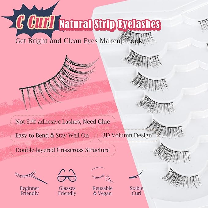 Half Lashes Natural Half Eyelashes Cat Eye 10mm Short Lash Strips C Curl False Eyelashes Corner Lashes Wispy 3/4 Eyelash Extensions Siligli 7 Pack