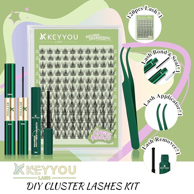 KEYYOU LASH Extension Kit 120Pcs Angel Lash Clusters Kit Thick Eyelash Extension Kit with Glue and Seal,Tweezers,Remover for DIY lash extension kit at Home（Kit-Angel A04-D-10-18MIX）