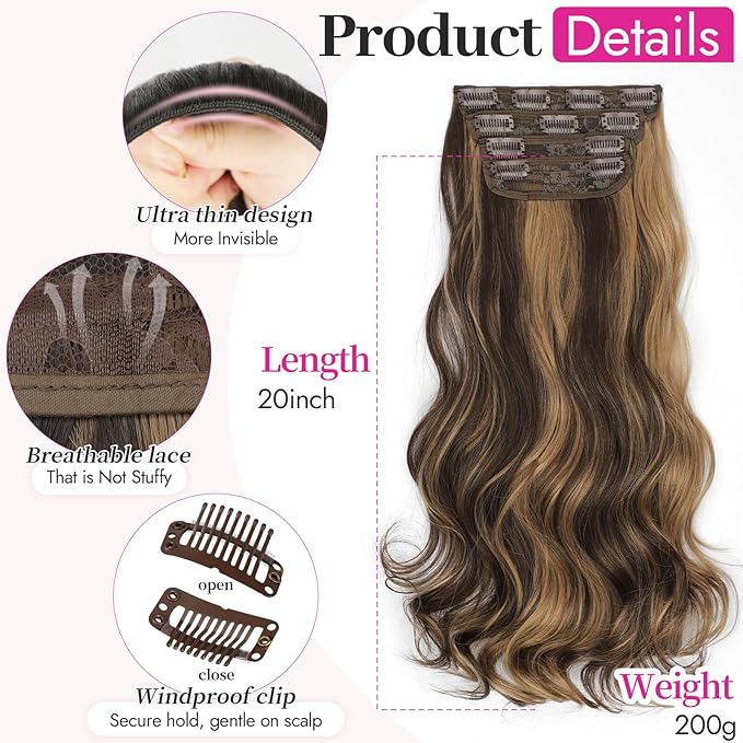Kookastyle Clip in Hair Extensions, Natural Long Layered Soft Invisible Synthetic Curly Wavy Hairpieces for Women,4 pcs(20 Inch,Balayage Dark Brown to Chestnut)