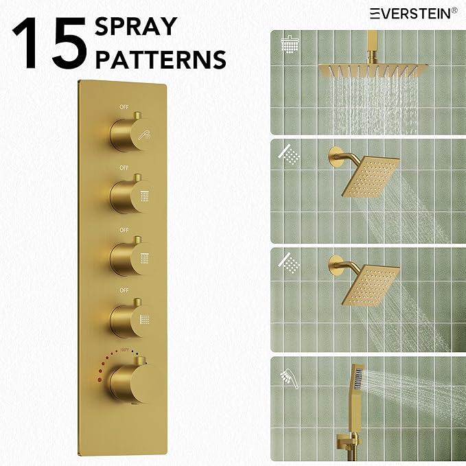 EVERSTEIN Thermostatic Shower system, 16, 6 in. Bathroom Shower Set Wall Mount Dual Shower Head Faucet in Brushed Gold