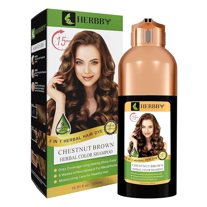 HERBBY Gray Hair Coverage Shampoo & Conditioner - Color Transform with 9 Herbal Extracts, Long-Lasting (6-8 Weeks), Shiny, Even Coloring, Instant Hair Dye, 500 ml (CHESTNUT BROWN)