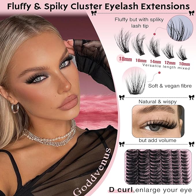 Lash Clusters Wispy Eyelash Clusters Fluffy Lashes Clusters Cute D Curl Cluster Eyelash Extensions with Soft Cotton Band Cluster Lashes 10-18mm Eyelashes Clusters for DIY Lash Extension