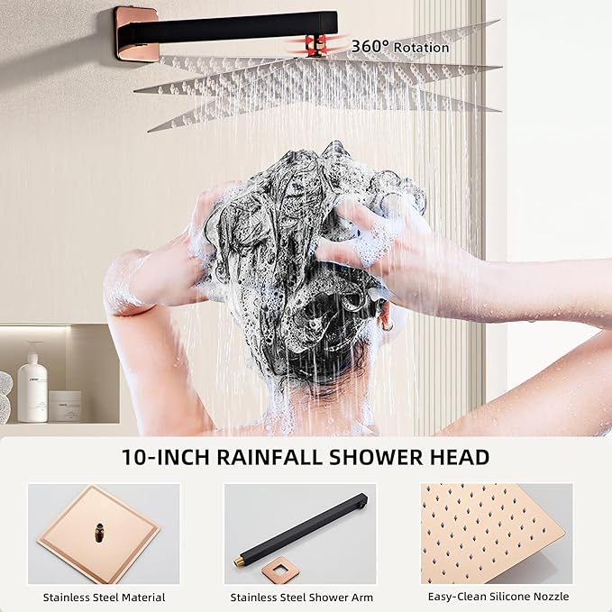 LCEVCGK Shower Faucet Set Complete with Tub Spout Matte Black and Rose Gold Shower System with 10 inch Rainfall Shower Head and Handheld Shower Rain Shower Combo for Bathroom Wall Mounted