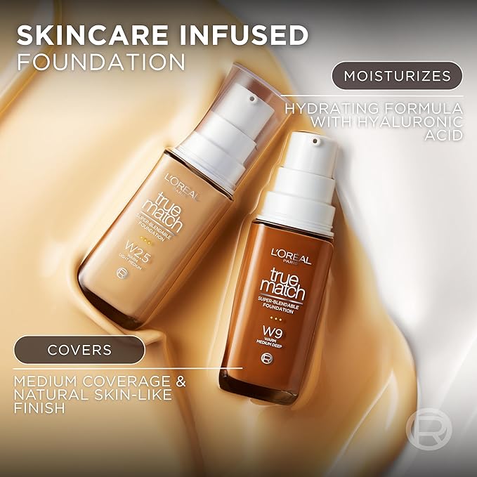 L'Oreal Paris True Match Super-Blendable Foundation, Medium Coverage Liquid Foundation Makeup, W8, Medium Deep, 1 Fl Oz (Pack of 2)