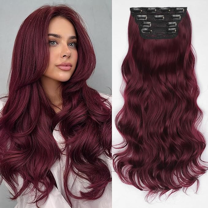 Kookastyle Clip in Hair Extensions, Natural Long Layered Soft Invisible Synthetic Curly Hairpieces for Women,4 pcs(20 Inch，Burgundy)