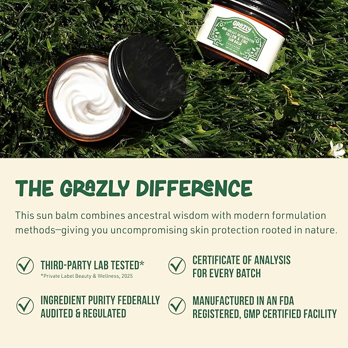 Grazly Beef Tallow Sunscreen SPF 35 – Unscented Water Resistant Zinc Sun Balm, Non-Greasy Natural Sunscreen for Face & Body – 4 Natural Ingredients: Non-Nano Zinc, Organic Coconut Oil, Beeswax- 1.8 oz