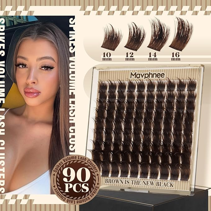 Brown Lash Clusters Spiky Volume Cluster Eyelash Extensions Fairy Spikes Dark Brown Wispy Thick Cluster Lashes Extensions Wide-Band Spiky Fluffy Eyelash Clusters (90 Pcs, CC Curve, 10-16MM)