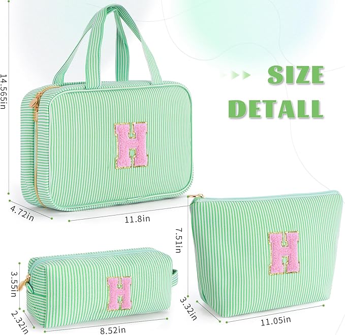 Fystdtote Personalized Friend Birthday Gifts - 3 Pieces Toiletry Makeup Bag Cosmetic Bags for Women Travel Make up Bag with Small Makeup Bag Wedding Bridesmaid Gifts for Women - Green H