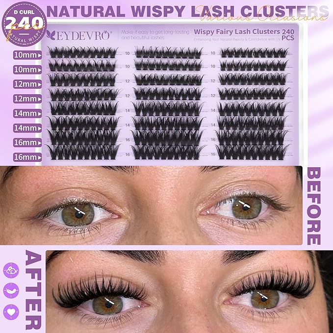 EYDEVRO Fairy Lash Clusters Kit Wispy Eyelash Clusters with Spikes 10-16mm Lash Extension Kit D Curvature Volume Cluster Eyelash Extensions Kit Individual Lashes Lash Bond and Seal Tweezers Brushes