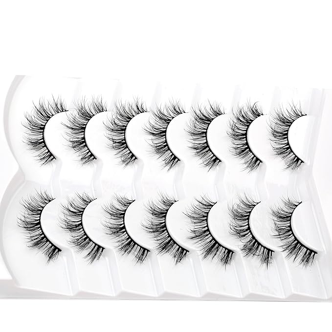 Pooplunch False Eyelash Nude Makeup Round-Eye Wispy Clusters Look Short Natural Spiky Anime Extension Lashes Full Strips Faux Mink Fake Eyelashes 7 Pairs Pack