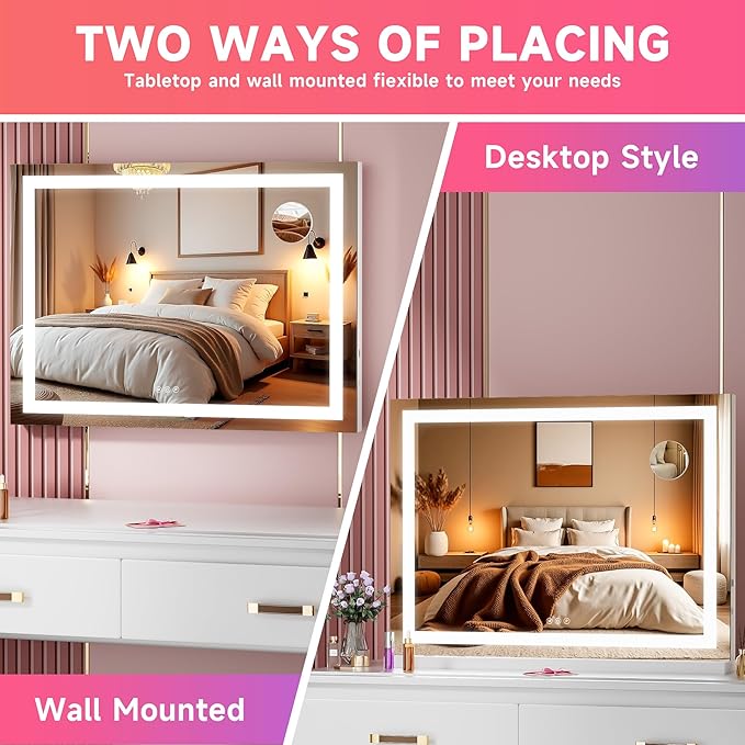 Vanity Mirror with Lights, 28" x 20" LED Makeup Mirror with 10X Magnification, Dimmable 3 Modes, Memory Function, Smart Touch, USB Charging Port, Lighted Makeup Mirror Square White