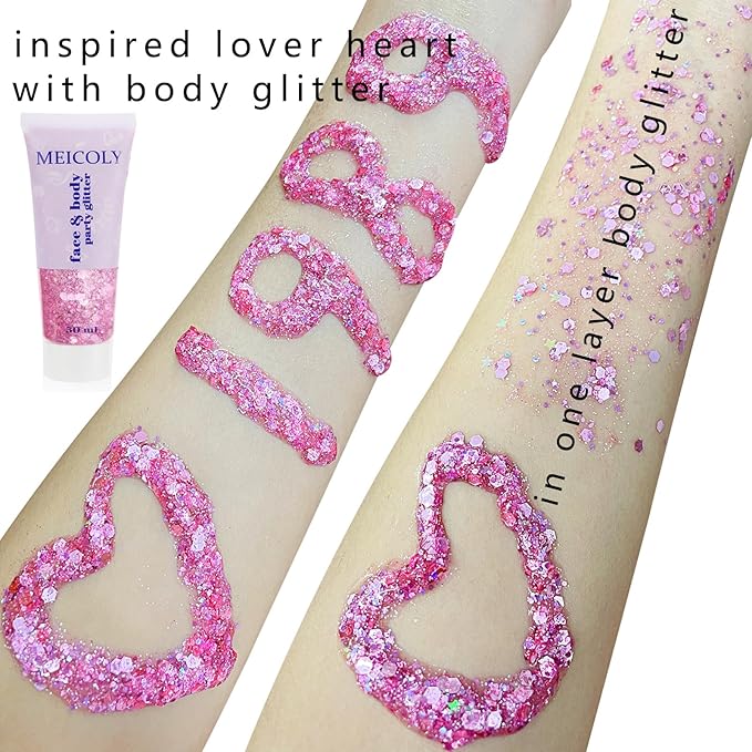 MEICOLY Pink Face Body Glitter,Holographic Sparkly Hair Glitter,Pink Accessories for Spirit Week,Singer Concerts Lover Heart Halloween Glitter Makeup,Self-Adhesive Mermaid Glitter Face Paint
