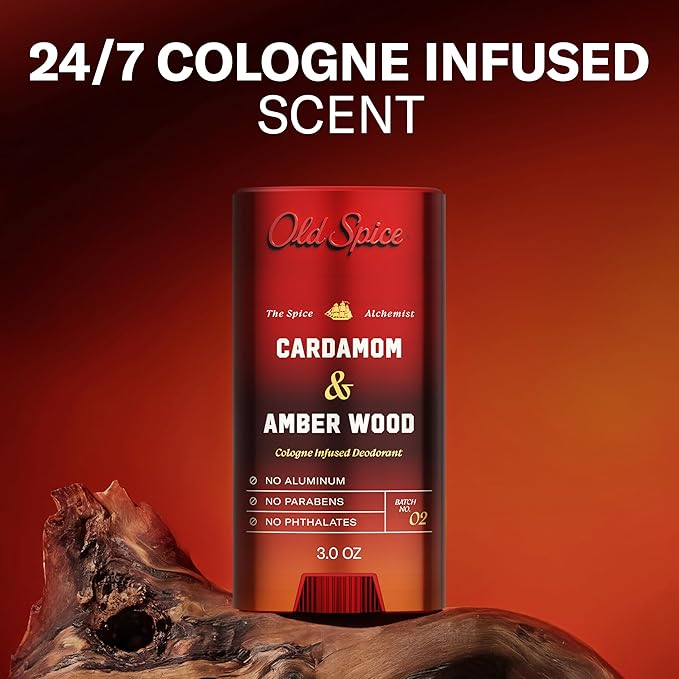 Old Spice Aluminum Free Deodorant for Men, The Spice Alchemist Collection, 24/7 Cologne Infused Scent, No Trade Off Formula, Free of Parabens & Phthalates, Cardamom + Amber Wood Scent, 3.0 oz