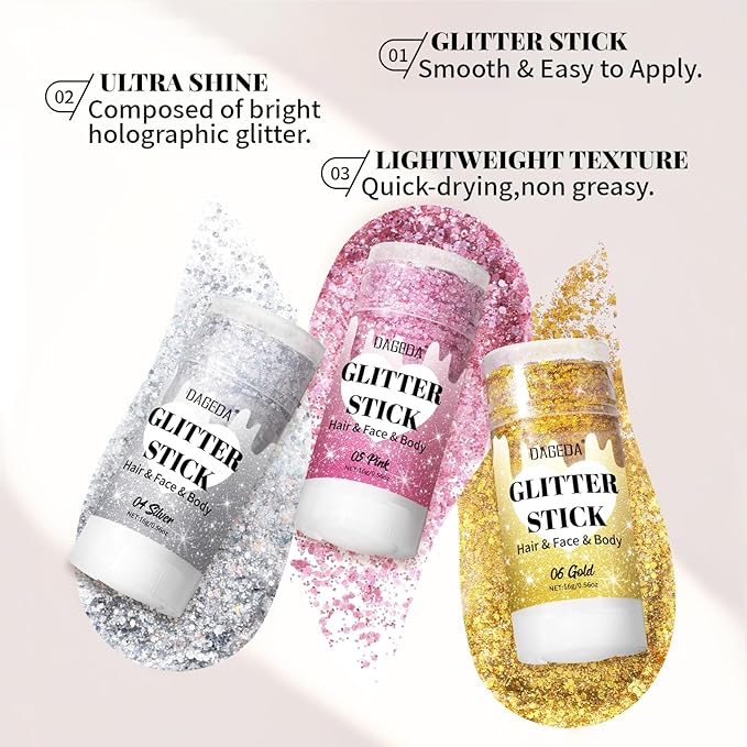 DAGEDA Silver Body Glitter Stick,Sparkly Face Glitter Makeup,Holographic Hair Glitters Mermaid Makeup Rave Outfits for Women, Shimmer Face Paint Stick Singer Concert Accessories