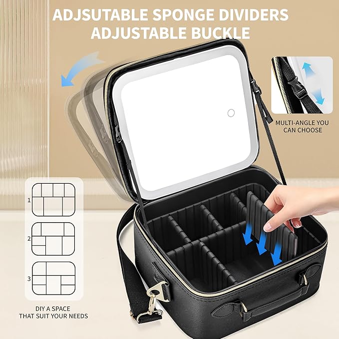 ZhenGuiRu Travel Makeup Bag with Light Up Mirror, Cosmetic Artist Organizer Case with LED Mirror, Travel Makeup Case for Cosmetic Brush Holder Storage, Toiletry Case for Women Gift