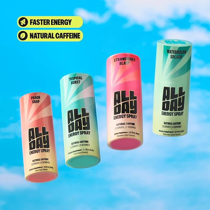 ALLDAY Caffeine Spray, Promotes Focus and Energy (Strawberry Blast, 4 Bottles, 48 Sprays) | 32mg Natural Caffeine per Spray | Pocket-Size Energy Shot with L-Theanine, Vitamin B12, & Vitamin D