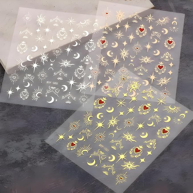 Star Nail Art Stickers - 12 Sheets, 3D Self-Adhesive Gold Moon, Red Heart, Silver Star Designs for Nail Art Decoration