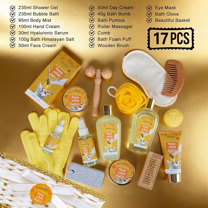 Gifts for Women Gift Basket for Women - 17 Pc Honey Almond Scented Home Bath Pampering Package Spa Bath & Body Gift Set, Luxury Home Spa Bath Gift Basket, Pamper Gifts for Woman & Teens