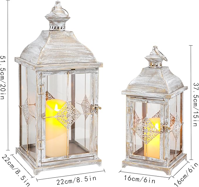 TRIROCKS 20"&15" H Large Decorative Candle Lantern Antique Grey Brush Outdoor Lantern Set with Tempered Glass Metal Candle Holder for Porch Ideal for Gardens Spring Home Decor Indoor Outdoor