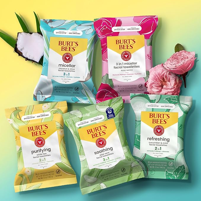 Burt's Bees Cucumber & Mint Face Wipes, for All Skin Types, Refreshing Makeup Remover & Facial Cleansing Towelettes, 30 Ct. (3-Pack)