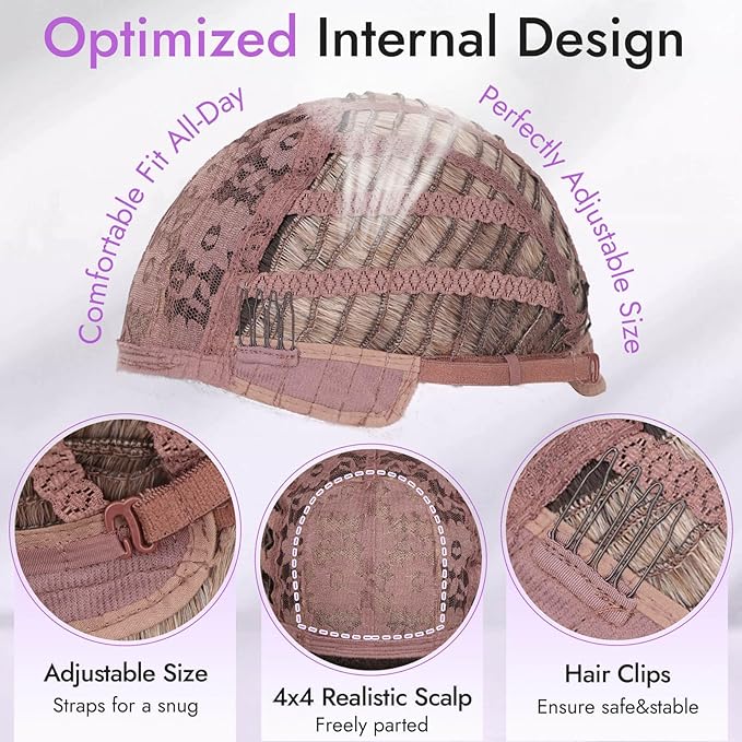 Long Beige Brown Wig with Bangs - Dark Root to Mauve Pink Ombre,4x4 Realistic Scalp,Free Parting,Layered Hairstyle Synthetic Heat Resistant for Daily Party Use 26 inch