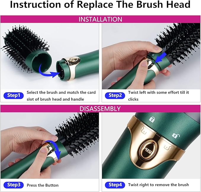 3 in 1 Hair Dryer & Volumizer, Ceramic Negative Ion Curling Dryer Styler with 3 Interchangerable Brush Heads (Green)