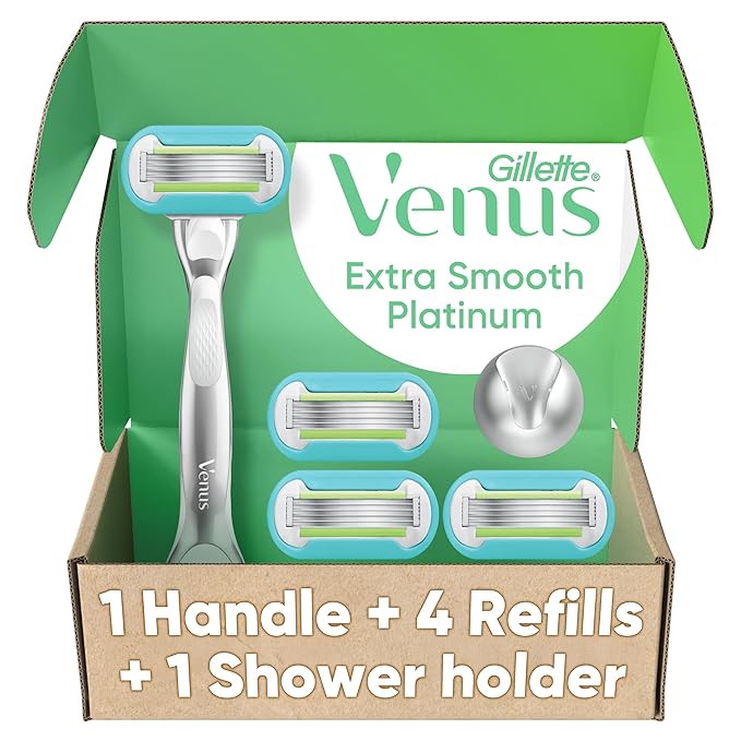 Gillette Venus Platinum Extra Smooth Metal Handle Women's Razor Handle + 4 Blade Refills, Pivoting Head and Ribbon of Moisture