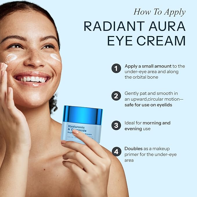 Radiant Aura Hyaluronic Acid & Ceramide Eye Cream For Dark Circles - Dermatologist Tested, Anti Aging Korean Skin Care - Deep Hydration & Depuffing Eye Treatment - Vegan, Clean Beauty - 1.0 Fl Oz