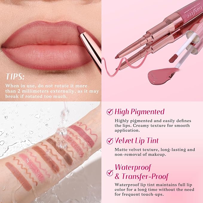 2-IN-1 Lip Liner and Lip Stain, High Pigmented Long Lasting Velvet Lip Tint, Well-Defined Lipliner, Weightless Waterproof Not Animal Tested, Matte Finish Makeup