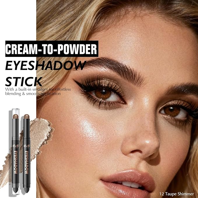 Dual-Ended Taupe Shimmer Eyeshadow Stick - Long-Lasting Cream Eye Shadow Stick Crease-Proof Metallic Eyeshadow Pencil, Easily Blendable Multi-Use Eye Highlighter Makeup with Built-in Smudger, 16