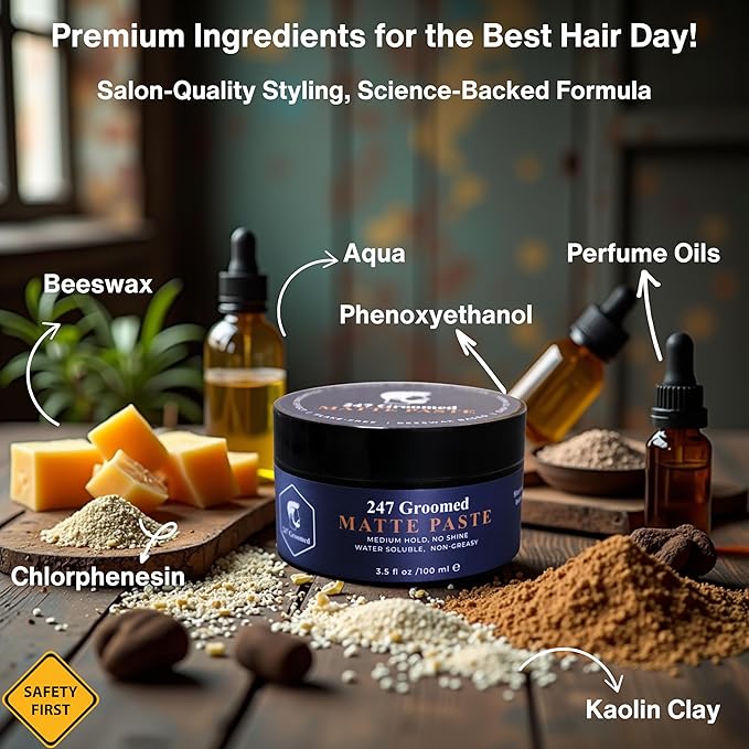 247 Groomed Matte Pomade For Men and Women | All-Day Medium Hold, Low Shine Finish For All Hair Types | Thickening Paste Adds Volume & Texture | Beeswax Based