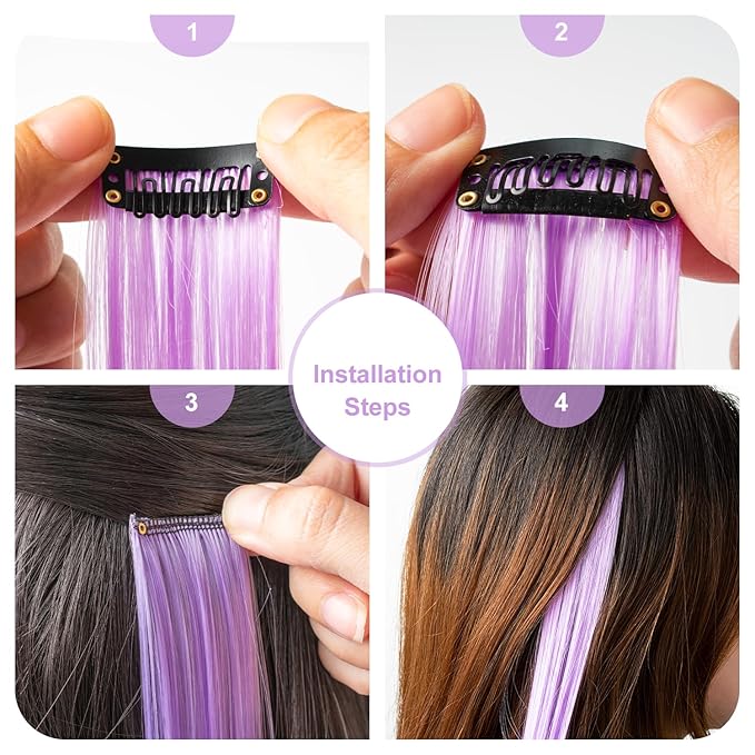 Purple Hair Extensions 14 PCS, 22 In Colorful Clip in Hair Extensions Party Highlights, Rainbow Long Straight Synthetic Hairpieces for Cosplay Women Gift(Light Purple)